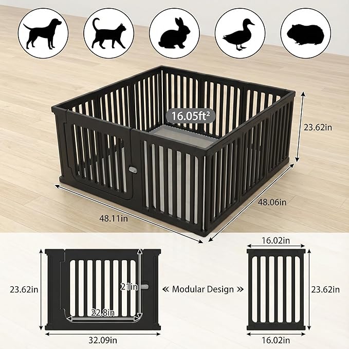 Jatindear 11 Panels Plastic Dog Playpen, Expandable & Durable Pet Fence - Indoor & Outdoor Portable with Secure Locking Door, Durable Safety Play Pen with Puppy, Cat, Small Animal(Black, 23.62" H)