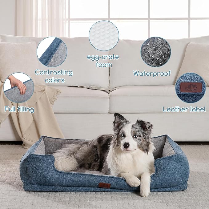 Hollypet Orthopedic Rectangle Dog Bed for Large Dogs, Supportive Egg-Crate Foam Pet Beds with Removable Washable Waterproof Cover and Non-Slip Bottom, Blue, 38" L x 29" W x 8.5" Th