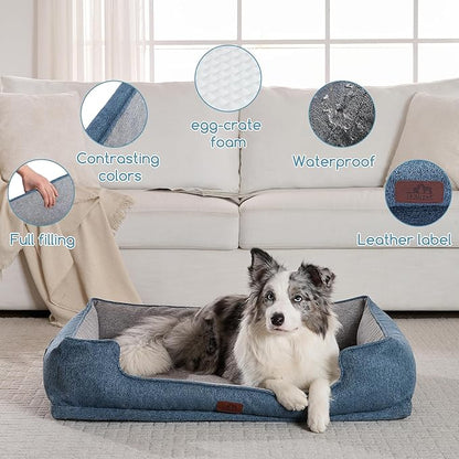 Hollypet Orthopedic Rectangle Dog Bed for Large Dogs, Supportive Egg-Crate Foam Pet Beds with Removable Washable Waterproof Cover and Non-Slip Bottom, Blue, 38" L x 29" W x 8.5" Th