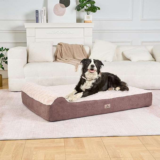PetFun Jumbo Orthopedic Dog Bed - 7-inch Thick Memory Foam Pet Bed with Pillow Removable Cover Free Waterproof Liner - for Large Dogs (Khaki (Textured Plush), 50''L x 34''W x 10''Th I Extra Large)