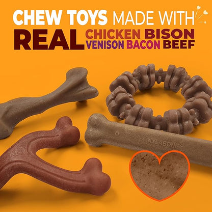 Nylabone Strong Chew Toy 4-Pack Bundle for Dogs Made with Real Bacon, Bison, Venison, Beef, & Chicken, Durable Dog Chew Bones for Aggressive Chewers, Large Dog Toys - Up to 50 lbs, 4 Count