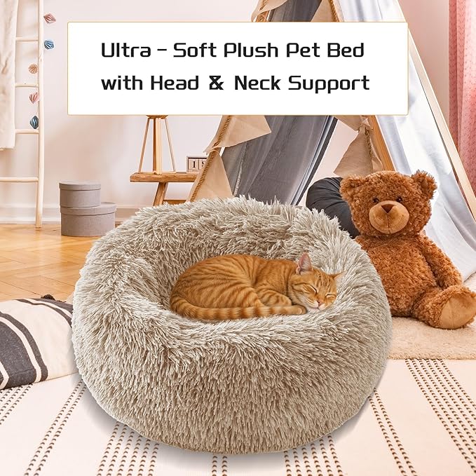 Comfort Donut Dog Bed for Small Dogs, Cat Bed & Pet Bed for Indoor Use, Medium Size with Soft Plush, Round Dog Beds for Large Dogs and Cats (Khaki, 20''Lx20''Wx8''Th)