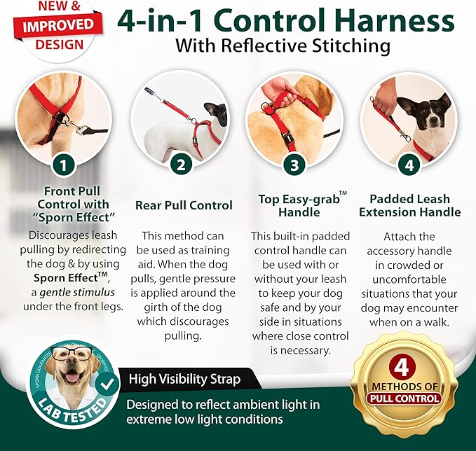 SPORN Ultimate Control No Pull Dog Harness for Medium-Sized Dogs - 4-in-1 Adjustable Dog Harness with Front, Back & Dual-Clip Options & Emergency Grab Handle - Easy On/Off, Padded Comfort (Black, M)