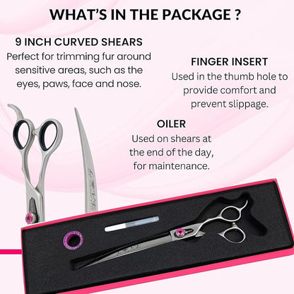 Kenchii Love Left Handed Dog Grooming Scissors, 9 Inch Curved Shears, Dog Scissors for Grooming, Professional Pet Grooming Scissors, Ergonomic & Comfortable