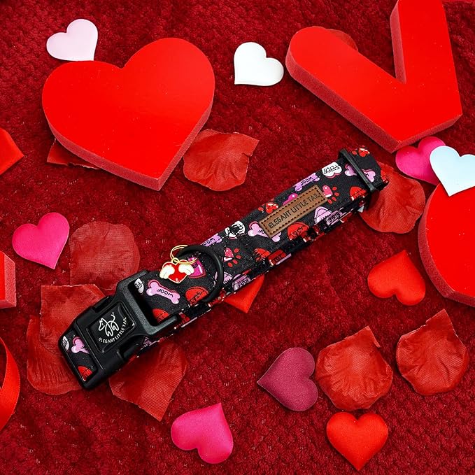 Elegant little tail Day Dog Collar, Red Heart Dog Collars Female or Male Adjustable Cotton Pet Collar with Quick Release Buckle for Small Medium Large Dogs