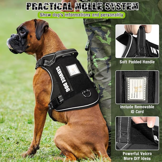 MOOGROU Tactical Dog Harness and Leash Set for Large Dogs,Heavy Duty No Pull Service Dog Vest and 10 Patches with Dog Seat Belt,Reflective Adjustable Pet Harness for Training Walking Hiking Black XL