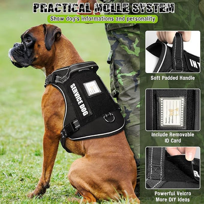 MOOGROU Tactical Dog Harness and Leash Set for Large Dogs,Heavy Duty No Pull Service Dog Vest and 10 Patches with Dog Seat Belt,Reflective Adjustable Pet Harness for Training Walking Hiking Black XL