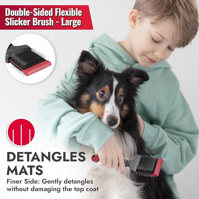 KONG Double-Sided Flexible Slicker Brush – De-Shedding & Detangling Tool, Padded Grip, Long Metal Pins, Flexible Head, for Medium to Large Dogs with Medium to Long Coats, Red/Gray