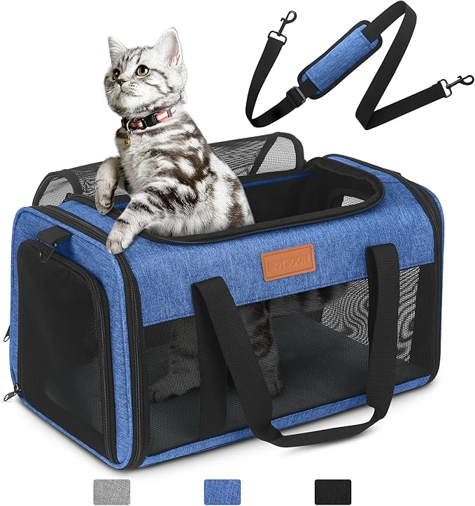 PETUX Airline Approved Pet Carrier - 17x11x9.5 in, Underseat, Top & Side Entry, Soft Sided Cat Dog Carrier for Small Cat & Dog Up to 12 lbs with Breathable Anti-Scratch Mesh for Travel & Vet - Blue