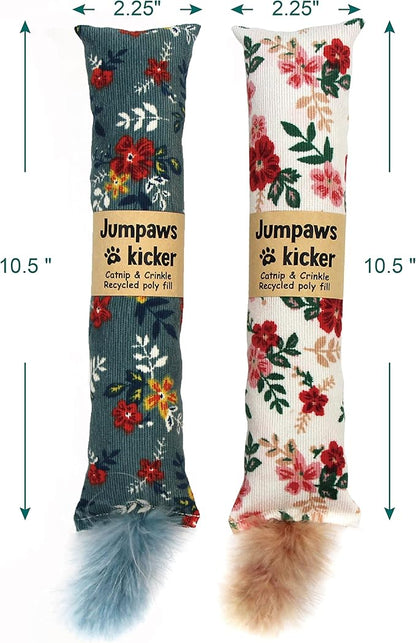 Jumpaws 2 Pack Natural Interactive Catnip & Silvervine Cat Kicker with Feathers, Bite Resistant Chew Toy, Crinkle Kicker, Accessories for Indoor Cat, Premium Corduroy Floral