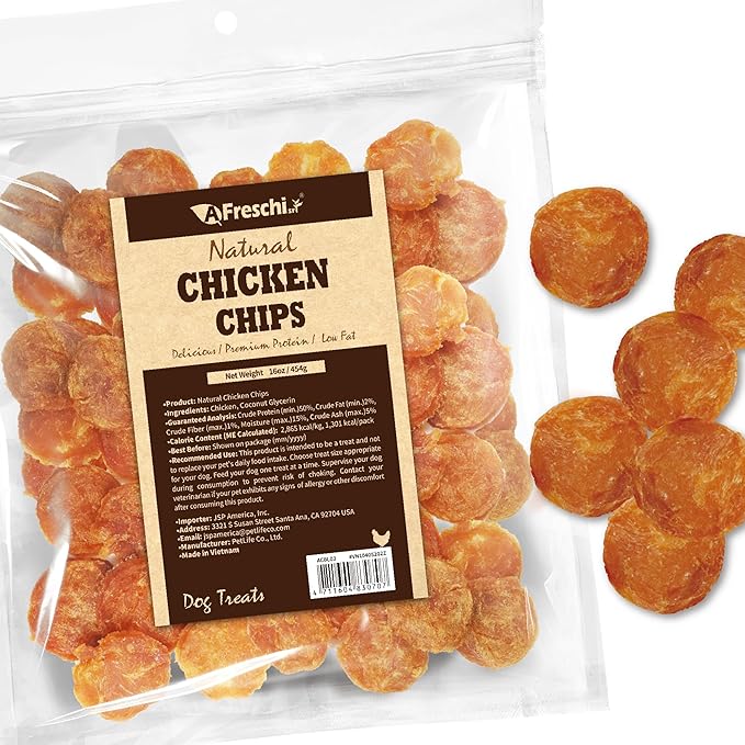 A Freschi srl Chicken Jerky Dog Treats, All Natural, High-Protein, Healthy & Easily Digestible, Grain-Free Puppy Chews, Human Grade Training & Rewards Dog Snacks, Chicken Chips, 16 oz Pack