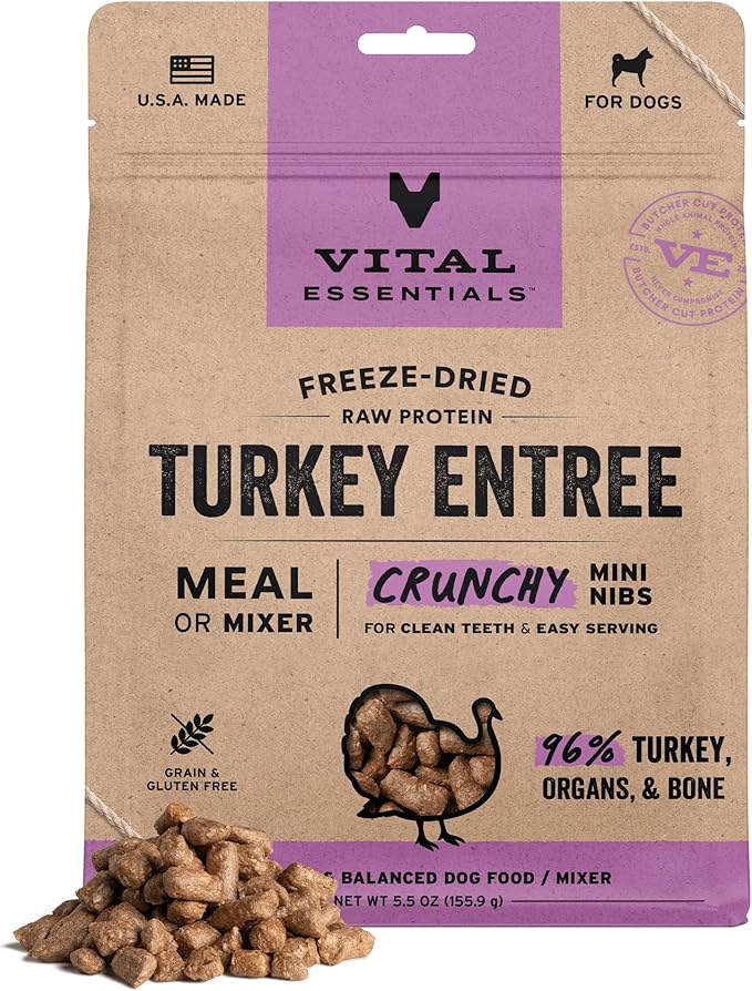 Vital Essentials Freeze-Dried Raw Dog Food, Turkey Crunchy Mini Nibs | Complete Meal or Mixer | High Protein Dog Food | 5.5 oz