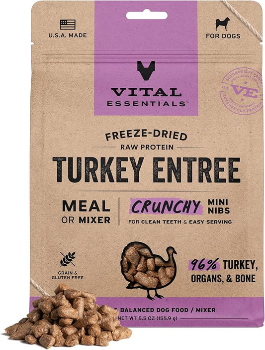 Vital Essentials Freeze-Dried Raw Dog Food, Turkey Crunchy Mini Nibs | Complete Meal or Mixer | High Protein Dog Food | 5.5 oz
