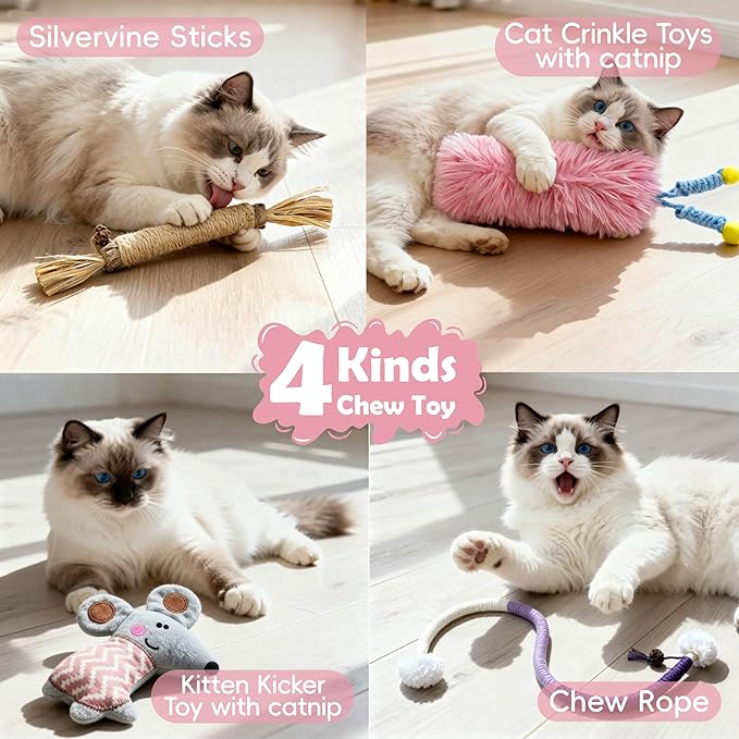CUUOOT 7-in-1 Kitten Toys for Indoor Cats with Washable Adhesive Suction Cup, Hanging Interactive Cat Toys, Silvervine Stick and Sisal Chew Rope Catnip Teething Toy for Bored Kitten (Pink)