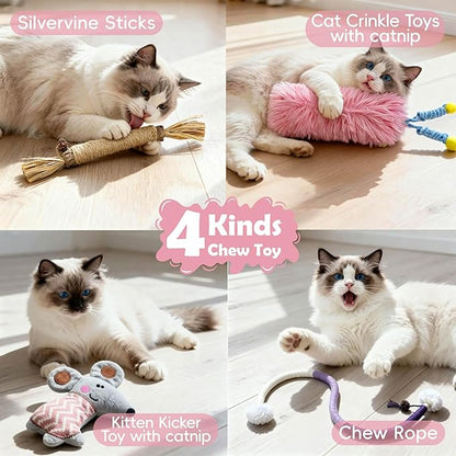CUUOOT 7-in-1 Kitten Toys for Indoor Cats with Washable Adhesive Suction Cup, Hanging Interactive Cat Toys, Silvervine Stick and Sisal Chew Rope Catnip Teething Toy for Bored Kitten (Pink)