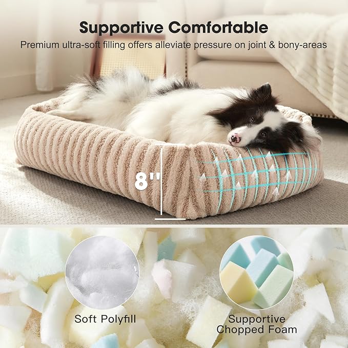 MIXJOY Dog Bed Medium Size Dog, Washable Medium Dogs Bed with Removable Cover, Soft Rectangle Doggy Ded Fluffy Plush Faux Fur Pet Bed with Anti-Slip Bottom, 30"x24"x8", Beige