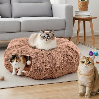 DUMOS Cat Tunnel Bed for Indoor Cats Cave Donut Play Tunnel with Soft Plush Peekaboo, Circle Cushion, Washable Multifunctional Playground Under Tree Pet Toys for Kittens, Puppy Rabbit, Ferret - Brown