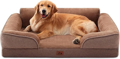 Warmrest XL Orthopedic Dog Beds for Large Dogs, Waterproof Egg-Crate Foam Pet Couch Bed with Soft Sides, Non-Slip Dog Sofa with Flannel Removable Washable Cover, 42" L Supportive Pet Sofa, Brown