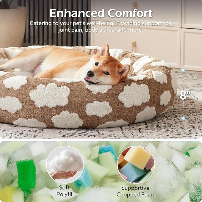 JOEJOY Donut Dog Bed Medium Size Dog, Cute Round Calming Pet Bed with Removable Washable Cover, Orthopedic Puppy Bed with Jacquard Shaggy Plush & Non Skid Bottom