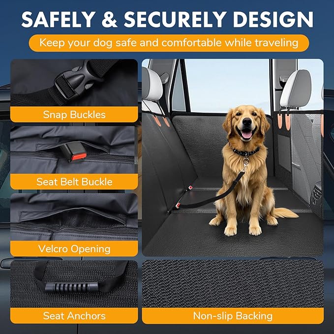 dessports Dog Car Seat Cover for Back Seat - Waterproof Car Seat Cover for Dogs with Side Flaps - Scratchproof Nonslip Hard Bottom Dog Hammock for Car Truck SUV