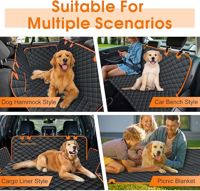 NECKORY Waterproof Dog Car Seat Cover for Back Seat - Durable, Scratch Proof Pet Hammock with Nonslip Design & Storage Pockets, Fits Cars, SUVs, Trucks- S, Black/Orange