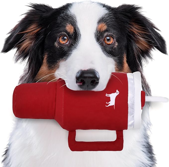 Pup Cup Tumbler Dog Toy – Cute Girl Dog Toy, Valentines & Birthday Gift, Interactive Squeaker, Fun Puppy Present (Ruby Red)