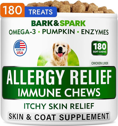BARK&SPARK Dog Allergy Relief Chews (180 Immune Treats) - Anti-Itch Skin & Coat Supplement - Omega 3 Fish Oil - Dry & Itchy Skin Relief Treatment Pills - Itching, Paw Licking & Hot Spots