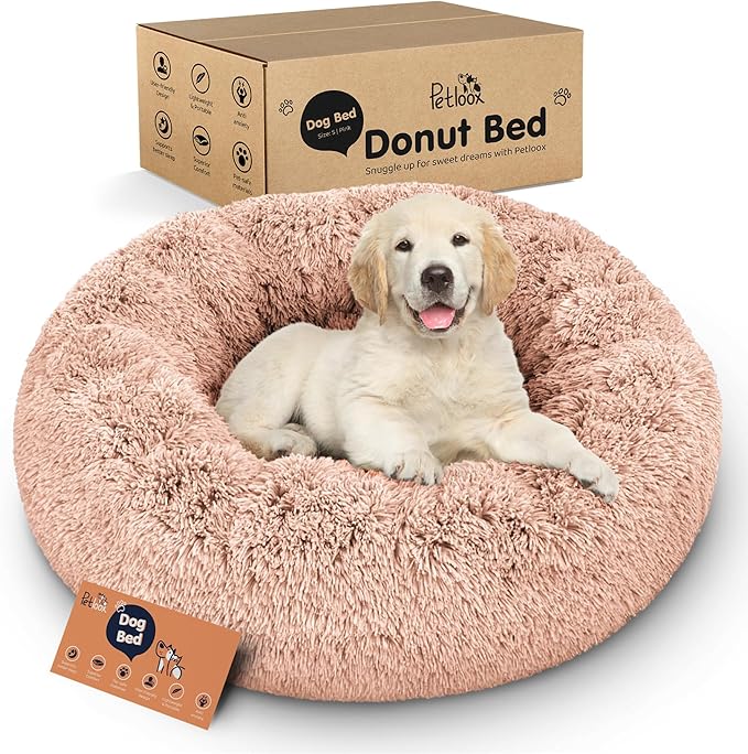 Petloox Donut Dog Bed - Premium Comfort for Anxiety Relief - Fluffy & Calming Design with Ultra-Plush Support | Cozy Round Dog Bed with Super Soft Circle Style (Size S Pink)