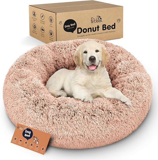 Petloox Donut Dog Bed - Premium Comfort for Anxiety Relief - Fluffy & Calming Design with Ultra-Plush Support | Cozy Round Dog Bed with Super Soft Circle Style (Size S Pink)