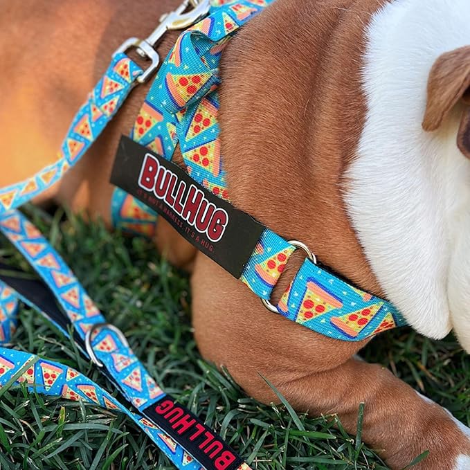 BULLHUG Adjustable Dog Harness– No Pull, No Choke – for English Bulldogs, French Bulldogs, Pugs & Broad-Chested Breeds – Easy, Safe Walks (Pizza, Large)