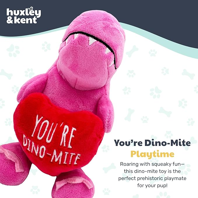 Huxley & Kent Funny Dog Toy w/Squeaker – Valentine's DayPower Plush Squeaky Dog Toys for Small, Medium & Large Dogs – Soft Stuffed Animal for Indoor Play & Fetch - You're Dino-Mite, One Size