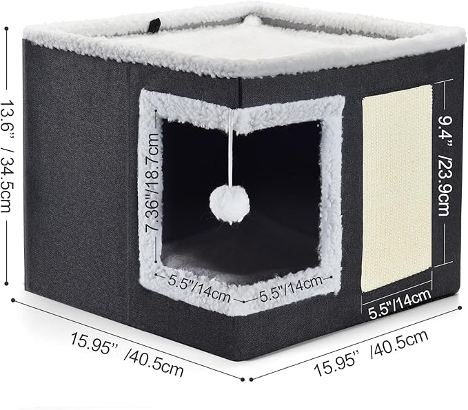 petizer Cat Bed for Indoor Cats, Large Covered Cat House with Scratch Pad, Foldable Cat Cave Bed & Hideaway Cube with Reversible Cushions, Cute Cat Condo for Multi Small Pet Kitten (Dark Grey)