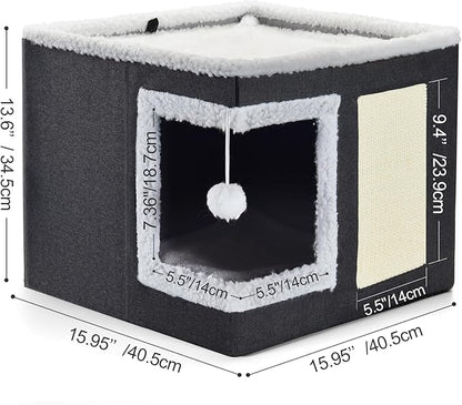 petizer Cat Bed for Indoor Cats, Large Covered Cat House with Scratch Pad, Foldable Cat Cave Bed & Hideaway Cube with Reversible Cushions, Cute Cat Condo for Multi Small Pet Kitten (Dark Grey)