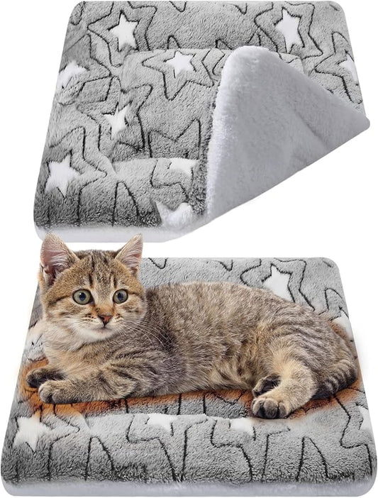 VitalCozy 2 Pack Self Warming Cat Mat Self Heating Pad Bed Reversible Machine Washable Reflects Body Heat Warm Thermal Pet Pad Crate Blanket for Feral and Indoor Cat(Grey,17'' X 17'',Double Star)