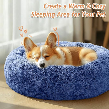JOLLYVOGUE Calming Small Dog & Cat Bed for Indoor Cats - 20 inches Washable Donut Bed for Kittens & Puppies, Anti-Anxiety Round Fluffy Plush Pet Beds (Fits up to 15 lbs, Navy Blue)