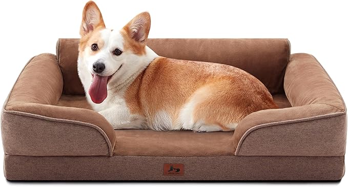 Warmrest Orthopedic Dog Beds for Large Sized Dogs, Waterproof Egg-Crate Foam Pet Couch Bed with Soft Sides, Non-Slip Dog Sofa with Flannel Removable Washable Cover, 35" L Supportive Pet Sofa, Brown
