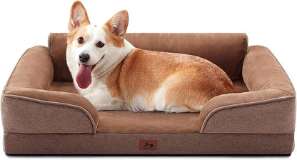 Warmrest Orthopedic Dog Beds for Large Sized Dogs, Waterproof Egg-Crate Foam Pet Couch Bed with Soft Sides, Non-Slip Dog Sofa with Flannel Removable Washable Cover, 35" L Supportive Pet Sofa, Brown