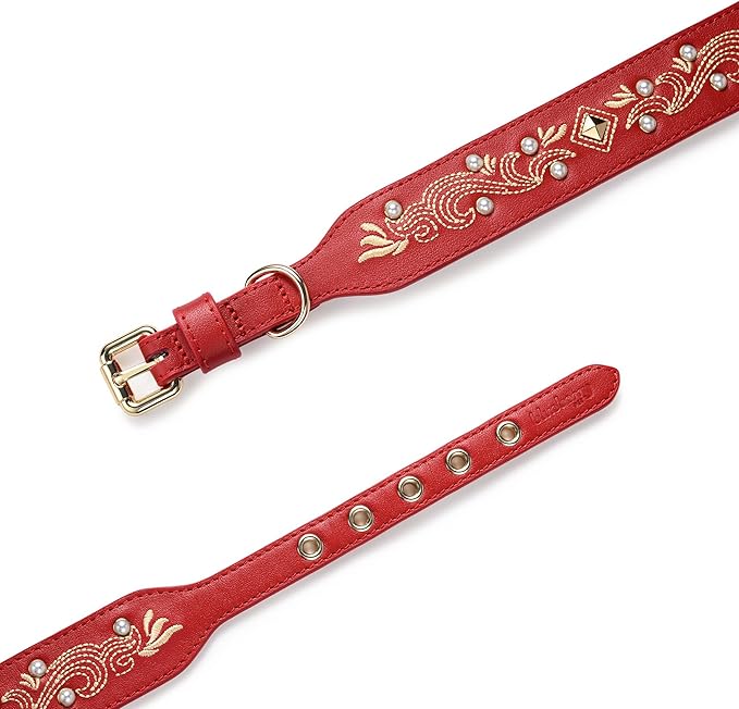 Blueberry Pet Western Leather Dog Collar - Genuine Leather with Floral Embroidery & Pearl Studs Adjustable 12-15 Inch Neck for Small Dogs, Comfortable and Stylish Pet Collar