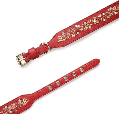 Blueberry Pet Western Leather Dog Collar - Genuine Leather with Floral Embroidery & Pearl Studs Adjustable 12-15 Inch Neck for Small Dogs, Comfortable and Stylish Pet Collar