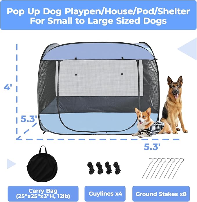 EighteenTek® XLarge Popup Portable Dog Houses 5.3'x4'H Assembly-Free Gazebo-Style Dog Cot Cat Playpen Screen Pet Tent Sun Shade Shelter Dog Bed with Canopy for Outdoor, Anti-Bugs with Leakproof Bottom
