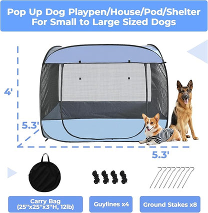 EighteenTek® XLarge Popup Portable Dog Houses 5.3'x4'H Assembly-Free Gazebo-Style Dog Cot Cat Playpen Screen Pet Tent Sun Shade Shelter Dog Bed with Canopy for Outdoor, Anti-Bugs with Leakproof Bottom