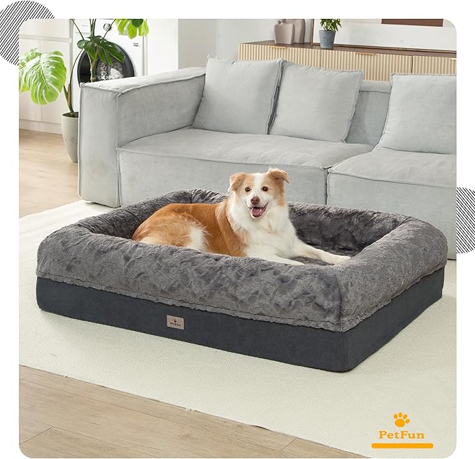 PetFun Memory Foam XL Dog Bed for XLarge Sized, Extra Large Orthopedic Dog Sofa with Sides and Waterproof Liner, Washable Bolster Pet Bed Couch with Removable Cover, 60x43x13 Inch, Dark Grey