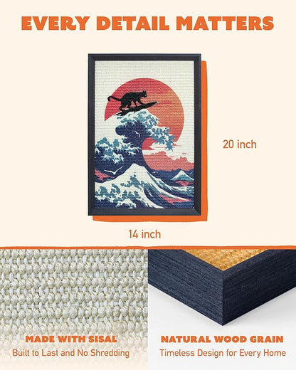 Decorative Wall Art Cat Scratcher for Vertical Scratching, 14"x20" Framed Sisal Scratch Pad Mat with Renter-Friendly No-Drill Wall Mounted Setup, Durable Alternative to Cardboard (The Cat Wave)
