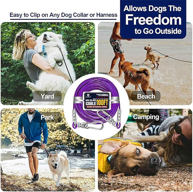 Tie Out Cable for Large Dog, 100ft Pet Runner for Yard, Heavy Duty Swivel Hooks Lead Holds Break Strength of 1000lbs, Steel Wire Dog Chain Leash Cable Yard, Camping(Purple)