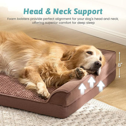 COZY KISS Dog Beds for Extra Large Dog, XXL Bolster Pet Couch with Waterproof Lining, Egg Crate Foam Sofa for Pets Up to 150 lbs, U-Shaped, 48x35x8 inch, Brown