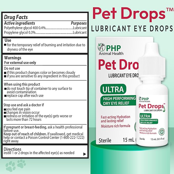 Ultra Lubricant Pet Drops 15 ml - Eye Drops for Cats and Dogs - Moisture Rich Formula, Fast Acting Hydration Dogs Eye Drop for Dry Eyes, Artificial Tears for Extra Dry Eye (Made in U.S.A)