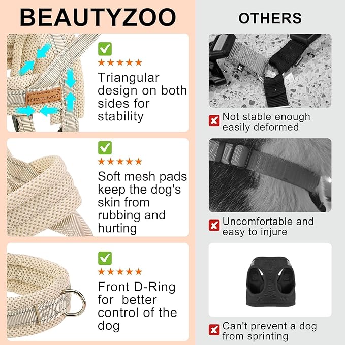 BEAUTYZOO Dog Harness for Small Dogs, No Pull Dog Harness and Leash Set, Escape Proof Puppy Vest Harness with Handle, Reflective Breathable Mesh Padded Harness for Girl Boy Dogs, Beige XXS