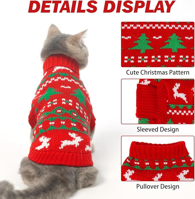 KOOLTAIL Cat Sweater Turtleneck- Soft Knit Cat Christmas Sweaters for Cats Only, Elk Christmas Tree Pattern Thick Warm Cold Weather Pet Clothes Outfit for Small Medium Large Size Kitten Puppy Red M
