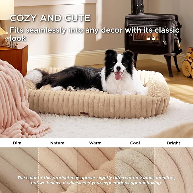 Bedsure ComfyFleece Washable Dog Bed for Medium Dogs - Cute Furry Puppy Beds, Rectangle Orthopedic Corduroy Fleece Pet Beds with Removable Zipper Cover, 43x30x8inches, Sandy Beige