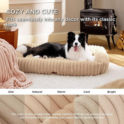 Bedsure ComfyFleece Washable Dog Bed for Medium Dogs - Cute Furry Puppy Beds, Rectangle Orthopedic Corduroy Fleece Pet Beds with Removable Zipper Cover, 43x30x8inches, Sandy Beige